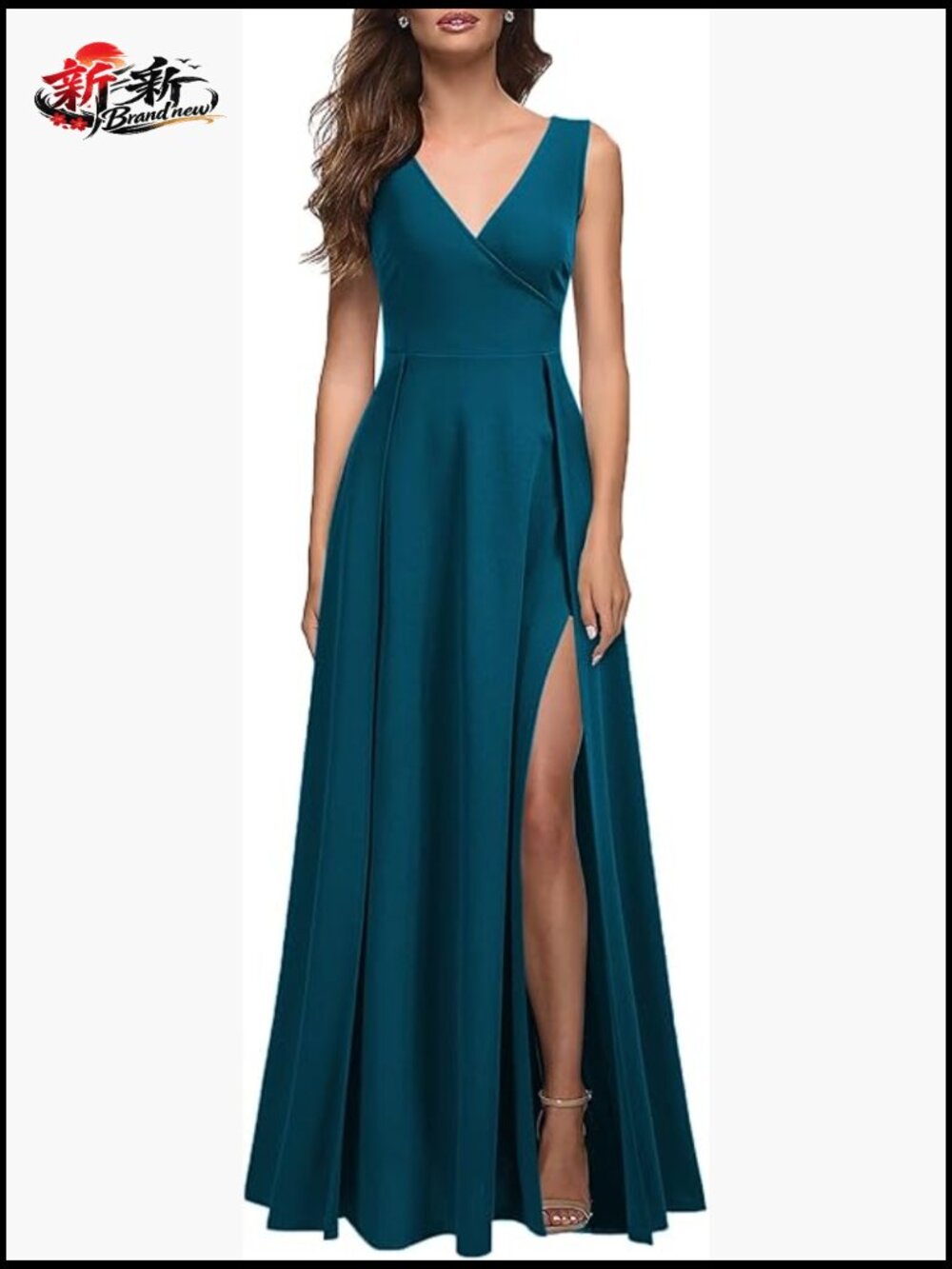 V Neck Sleeveless Bodycon Maxi Dress with Split, High Waist, Zipper Closure
